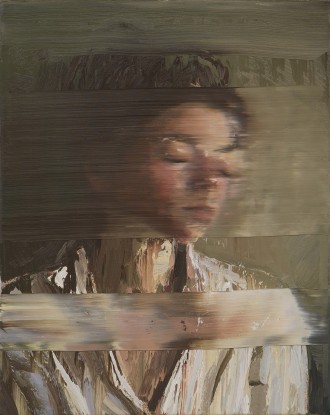 Andy Denzler, Woman With White Shirt on Olive, 2024